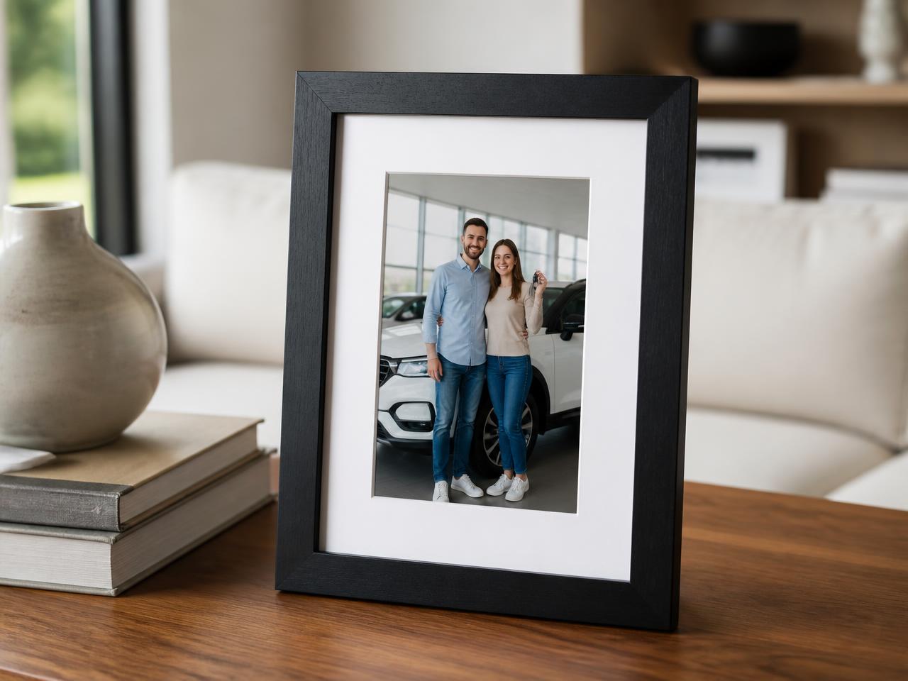 Black frame, white mat — portrait 5×7 on a tabletop