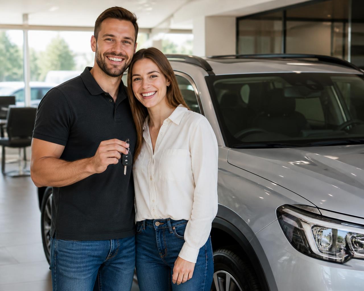 A couple smiling beside their new vehicle, keys in hand