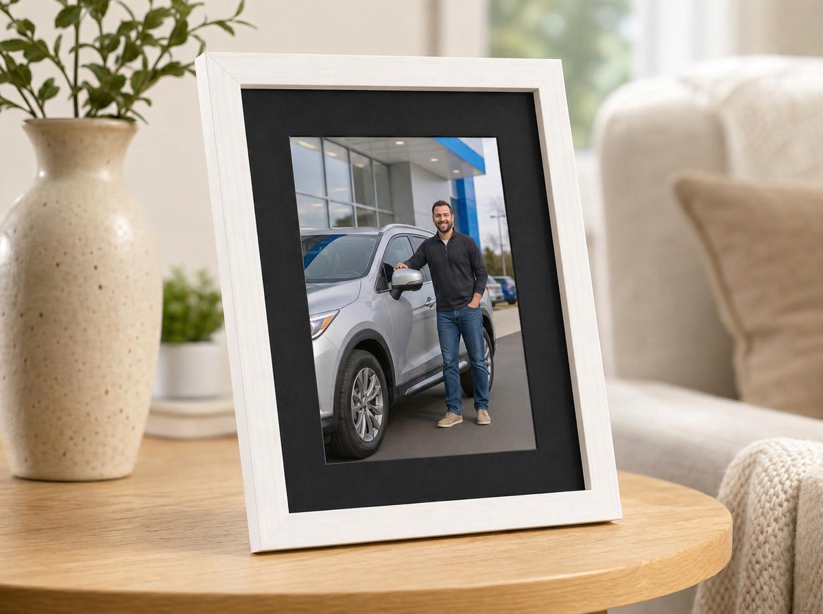 A framed keepsake standing on a table beside a lamp